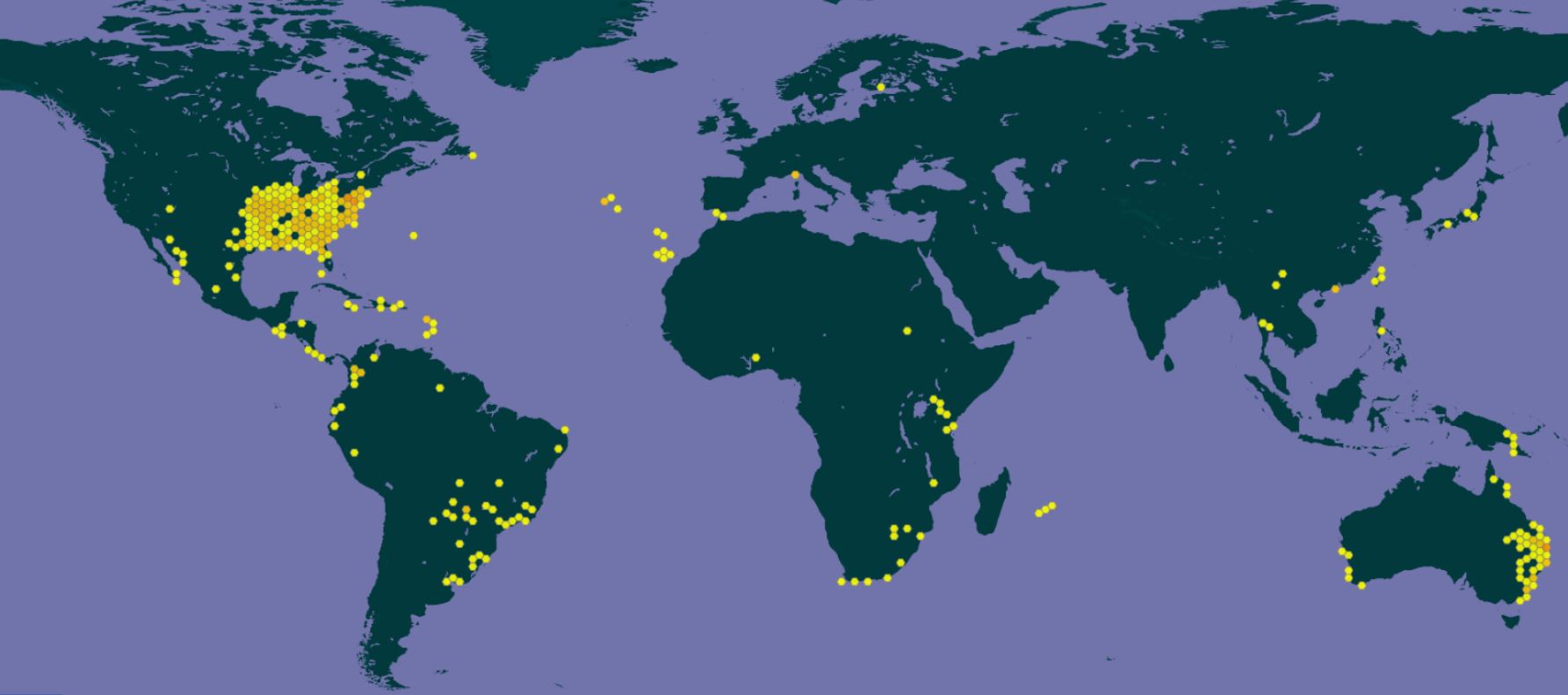 Figure 3. Distribution mondiale de Pyxine subcinerea selon GBIF, 2026.