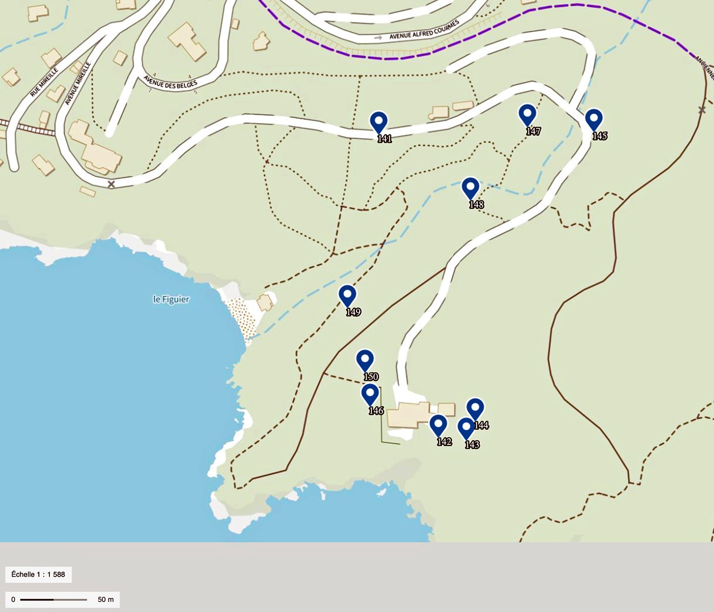 Figure 5. Localités où ce lichen a été observé au Domaine du Rayol (décembre 2025)